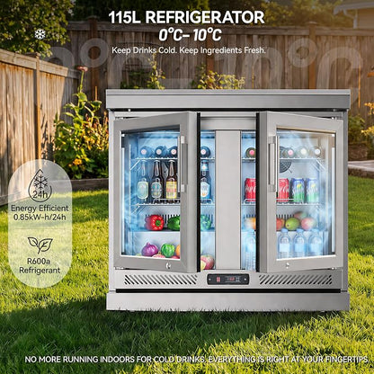 SERA C 4-Burner Propane Modular Outdoor Kitchen with Fridge | 75300 BTU + side burner, 68L fridge 0-10°C for drinks ingredient, 304 stainless steel, locking caster, compact patio backyard