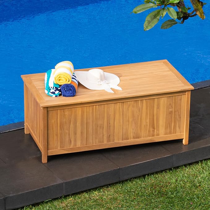 Cambridge Casual Arie 60-Inch Teak Outdoor Deck Storage Box Chest, Weather-Resistant Patio Organizer with Soft-Close Lid for Pool, Garden & Backyard, 119 Gallons Outdoor Storage Box