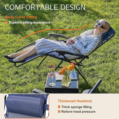 Sweetcrispy Zero Gravity Chairs Set of 2, Outdoor Folding Reclining Lounge Chair with Cup Holder Tray & Adjustable Pillow, Portable Camping Beach Patio Poolside Lawn Yard Chair, Classic Blue