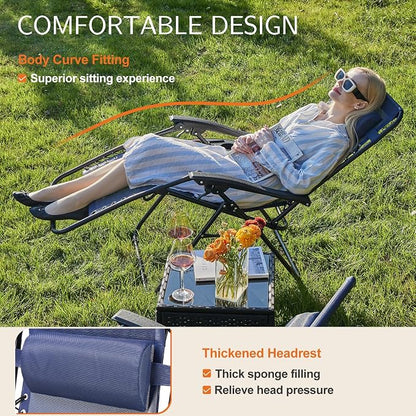 Sweetcrispy Zero Gravity Chairs, Set of 2 Portable Recliner Beach Camping Patio Outdoor Folding Lounge Chair with Cup Holder Trays and Adjustable Pillow for Poolside, Garden, Backyard, Lawn, Blue