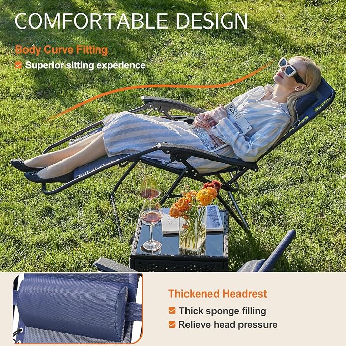 Sweetcrispy Zero Gravity Chairs, Set of 4 Portable Recliner Beach Camping Patio Outdoor Folding Lounge Chair with Cup Holder Trays and Adjustable Pillow for Poolside, Garden, Backyard, Lawn, Blue