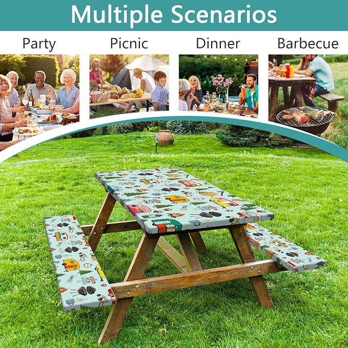 Camping Picnic Table Cover with Bench Covers and Bag, Camping Essentials, Waterproof Windproof Fabric, Fitted Tablecloth Cover with Elastic Edge, for Indoor & Outdoor, Garden, 3 PCS, 30x60 Inch