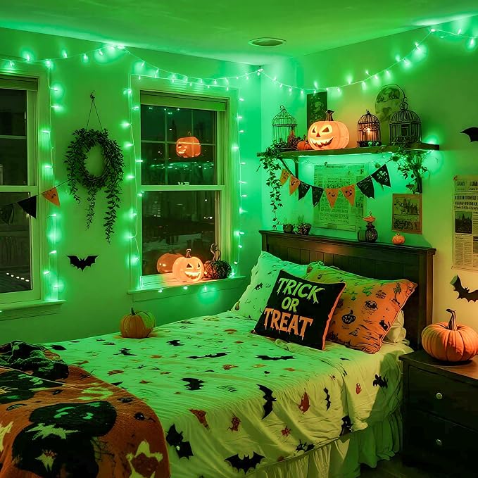 JMEXSUSS 33ft 100 LED Green Battery Operated Lights for Halloween Decor | Green Christmas Lights Battery Operated, Halloween string Lights Indoor Outdoor for Tree House Yard Xmas