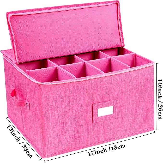 Wine Glass Storage Box, Stemware Storage Containers Cases with Dividers | Stackable Moving Supplies for 12 Wine Glasses, Drinkware , Glassware or Crystal, Hard Top and Stackable (Pink)