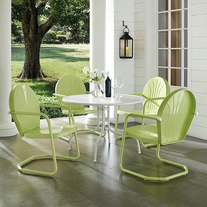 Crosley Furniture Griffith 5-Piece Outdoor Dining Set for 4, Retro Metal Round Patio Table and Chairs, White and Key Lime
