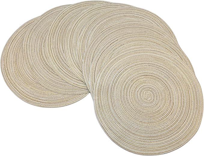 Red-A, Placemats, Round Placemats for Dining Table Set of 8 Woven Heat Resistant Non-Slip Kitchen Table Mats Diameter 14 Inch(Cream with Golden Silk)