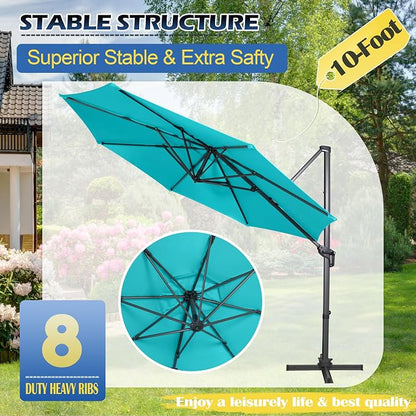 Sunnyglade 10Ft Cantilever Patio Umbrella, 360° Rotation & Integrated Tilting System Offset Umbrella with 8 Sturdy Ribs, Fade-resistant & Waterproof for Garden Backyard Poolside Deck