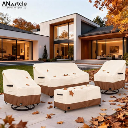 ANartcle Patio Furniture Covers 4 Piece Set, 600D Waterproof Heavy Duty Outdoor Furniture Covers,Fit Wicker Patio Loveseat, Swivel Rocker Chair and Coffee Table,Beige&Brown