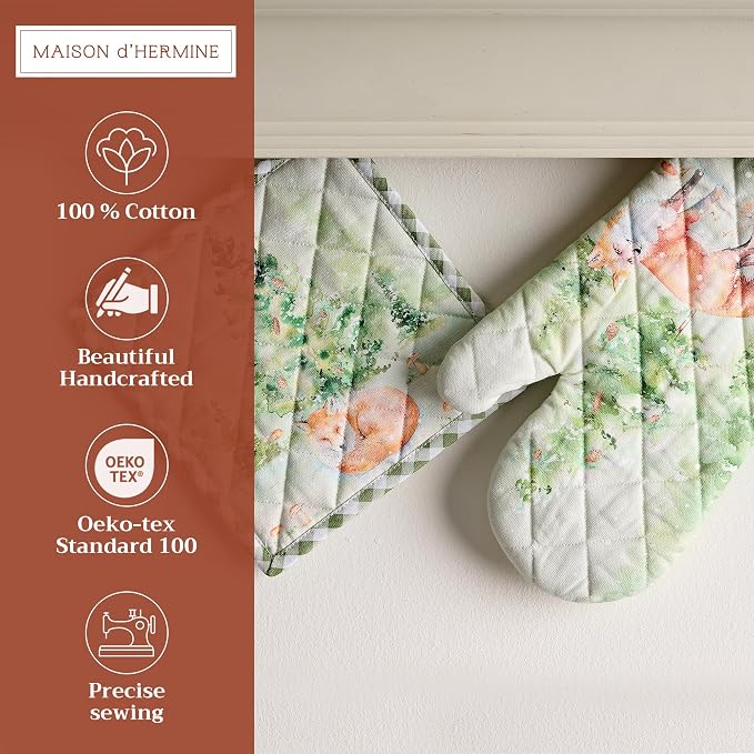 Maison d' Hermine 100% Cotton Oven Mitt & Pot Holder Set (7.5"x13" & 8"x8") | Heat Resistant BBQ Cooking Gloves with Loop Baking Grilling Kitchen Home Farmhouse Thanksgiving Christmas - Winter Mornings