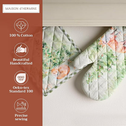 Maison d' Hermine 100% Cotton Oven Mitt & Pot Holder Set (7.5"x13" & 8"x8") | Heat Resistant BBQ Cooking Gloves with Loop Baking Grilling Kitchen Home Farmhouse Thanksgiving Christmas - Winter Mornings