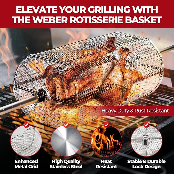 Rotisserie Basket for Outdoor Grill (15.4" x 6.8" x 6.4") - Heavy Duty Stainless Steel BBQ Basket with Reinforced Latch & Safety-Smooth Edges - Splits Apart for Easy Cleaning - Fits Most Grills
