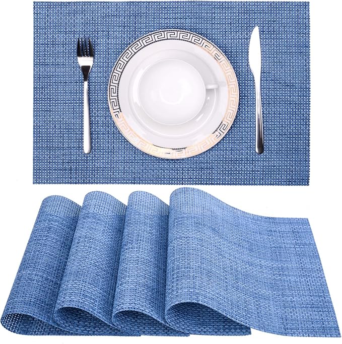 Zupro Placemats Set of 4 for Kitchen Dining Table Washable Braided Table Mats Heat-Resistant Placemats Non-Slip Woven PVC Vinyl Place Mats for Everyday use or Holidays Dinner BBQs 18"x12" (Hemp Blue)