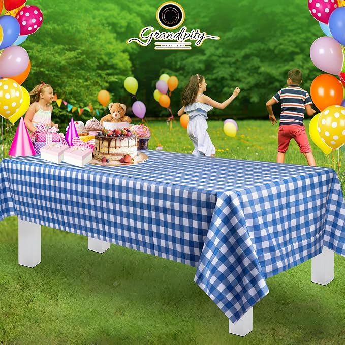 Grandipity 12 Pack Premium Disposable Plastic Picnic Tablecloth 54 Inch. x 108 Inch. Decorative Rectangle Table Cover - Blue Checkered Gingham