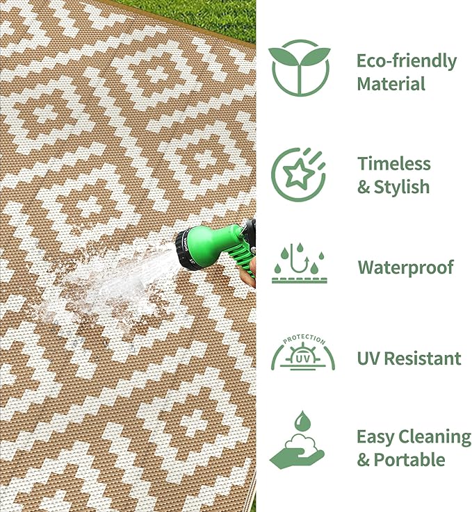 GENIMO Outdoor Rug, Waterproof Plastic Rugs for Patio, 6'x9' Brown White | Outside Larger Modern Carpet Mat for Porch Decor, Deck, Balcony, Camping, RV, Backyard, Picnic, Beach, Reversible, Foldable