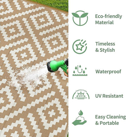 GENIMO Outdoor Rug, Waterproof Plastic Rugs for Patio, 6'x9' Brown White | Outside Larger Modern Carpet Mat for Porch Decor, Deck, Balcony, Camping, RV, Backyard, Picnic, Beach, Reversible, Foldable