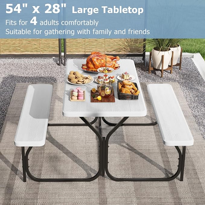 GYMAX Picnic Table, Picnic Bench Easy to Assemble w/All Weather Wood Grain Tabletop & Metal Frame, Picnic Tables for Outdoors Camping Backyard Deck Patio Poolside Dining Party