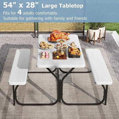 GYMAX Picnic Table, Picnic Bench Easy to Assemble w/All Weather Wood Grain Tabletop & Metal Frame, Picnic Tables for Outdoors Camping Backyard Deck Patio Poolside Dining Party
