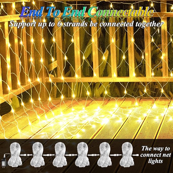 Lovelite 120 LED Christmas Net Lights, 5ft x 5ft Mesh Lights Outdoor 8 Modes Timer, Waterproof Connectable String Lights Clear Wire Plug in for Bushes Lawns Garden Holiday Wedding Party - Warm White