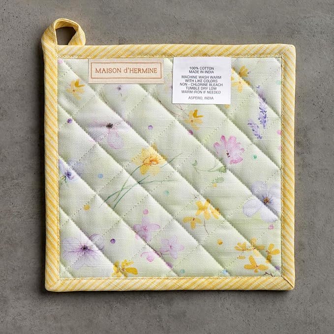 Maison d' Hermine Pot Holders 100% Cotton Heat Resistant Potholders 8" x 8" Hot Pads with Loop BBQ Cooking Baking Hotel Farmhouse Kitchen Handling Hot Pans Spring Summer (Pack of 2, Easter Zest)