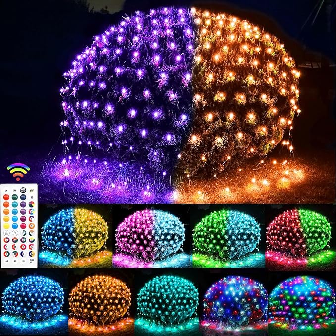 Lovelite 240 LED Net Lights, Color Changing Halloween Net Lights Outdoor Clear Wire, 14.8ft x 5ft Connectable Purple Orange Mesh Lights for Bushes Christmas Halloween Holiday Wedding Party Decor