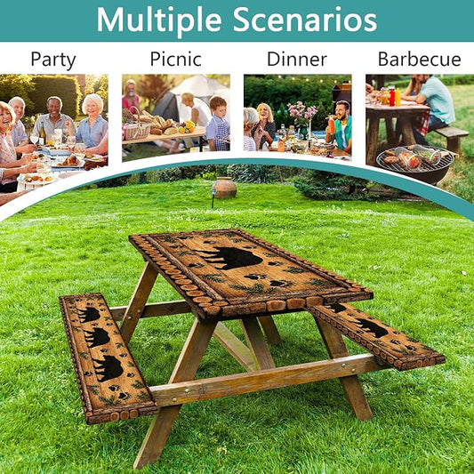 Forest Theme Picnic Table Cover with Bench Covers 6FT, Camping Essentials, Wood Grain Bear Waterproof Windproof Oilproof, Fitted Tablecloth Cover with Elastic Edge for Outdoor Garden 3 PCS 30x96 Inch