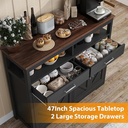 knoworld Buffet Sideboard with Storage Farmhouse with 4 Doors, 47'' Large Kitchen Storage Cabinet Wood Coffee Bar Cabinet Buffet Table with Shelves for Kitchen, Dining Room, Entryway