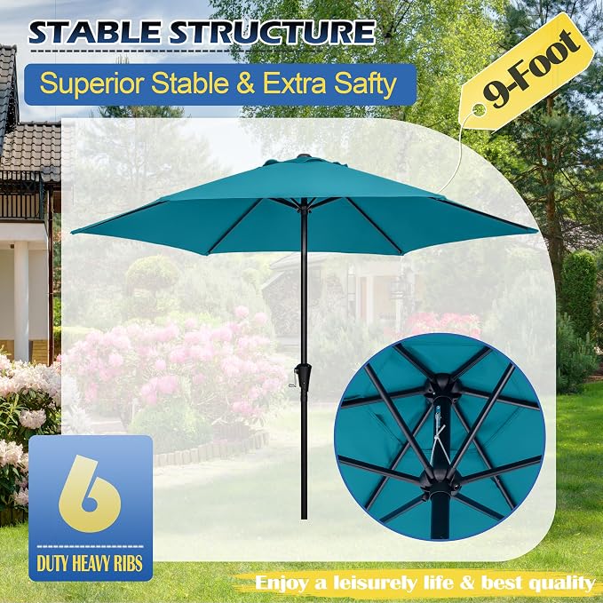 Sunnyglade 9FT Outdoor Patio Umbrella, Market & Table Umbrella with 6 Sturdy Ribs and Crank System, Fade-resistant & Waterproof for Garden Backyard Poolside Deck