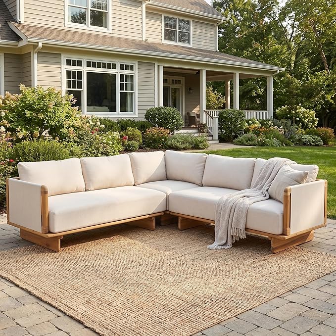 Merax 3 Piece Patio Outdoor Furniture Set, All-Weather V-Shaped Sectional Sofa with Cushions, Acacia Wood 5-Seater Couch Set for Porch, Lawn, Backyard, Balcony, Light Teak+ Beige