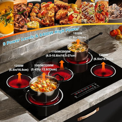 5 Burner Electric Cooktop, 30 Inch 8400W Built-in Electric Stovetop, Glass Ceramic Cooktop with Expanded Zone, Slide Touch Control, Child Lock, Timer, Pause, 220V - 240V Hard Wire, No Plug
