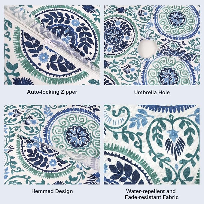 Outdoor/Indoor Round Tablecloth with Umbrella Hole Zipper, Decorative Circular Table Cover for Home Garden, 60 Inch, Celadon Wreath