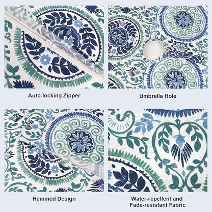 Outdoor/Indoor Round Tablecloth with Umbrella Hole Zipper, Decorative Circular Table Cover for Home Garden, 60 Inch, Celadon Wreath