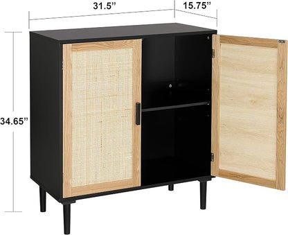 Finnhomy Sideboard Buffet Cabinet, Kitchen Storage Sideboard with Rattan Decorated Doors, Liquor Buffet for Bar, Dining Room, Hallway, Cupboard Console Table, Accent Cabinet, 31.5X 15.8X 34.6 Inches