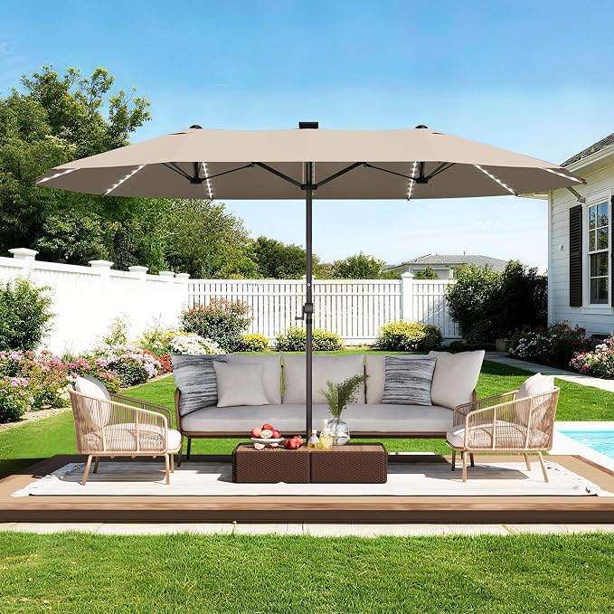 GDPFN 15ft Rectangular Patio Umbrella with Solar LED Lights, Double-Sided Outdoor Market Umbrella Extra Large Shade for Pool, Deck, Backyard, Garden, Beige (Base Not Include)