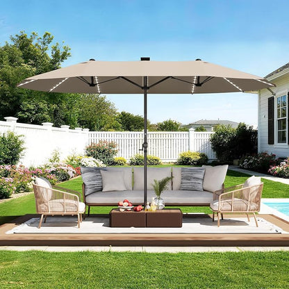 GDPFN 15ft Rectangular Patio Umbrella with Solar LED Lights, Double-Sided Outdoor Market Umbrella Extra Large Shade for Pool, Deck, Backyard, Garden, Beige (Base Not Include)
