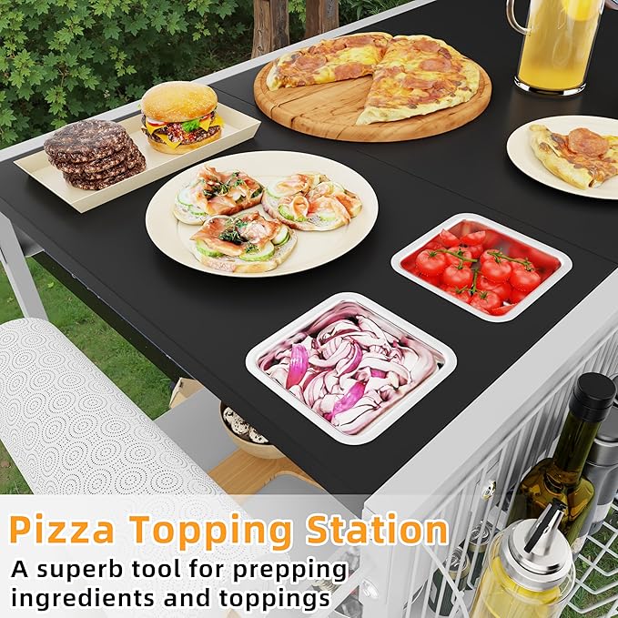 Vongrasig Pizza Oven Table with Topping Station, Patio Kitchen Island Outdoor Bar Cart, Outdoor Grill Cart with Storage for Blackstone Grill Ooni Pizza Ovens
