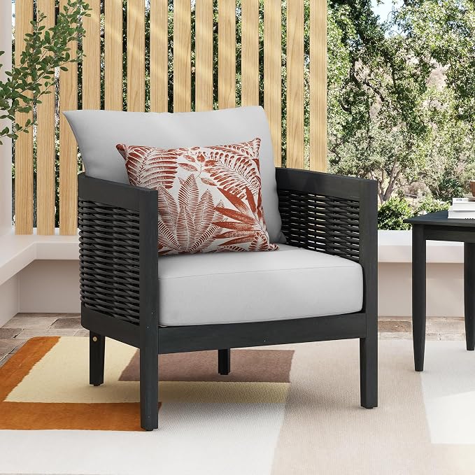 Christopher Knight Home Newine Acacia Wood Patio Accent Chair, Wooden Lounge Chair Outdoor, Wicker Club Chair with Removable Cushion, Comfy Reading Chair for Backyard/Garden/Balcony, Black+Light Grey