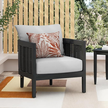 Christopher Knight Home Newine Acacia Wood Patio Accent Chair, Wooden Lounge Chair Outdoor, Wicker Club Chair with Removable Cushion, Comfy Reading Chair for Backyard/Garden/Balcony, Black+Light Grey