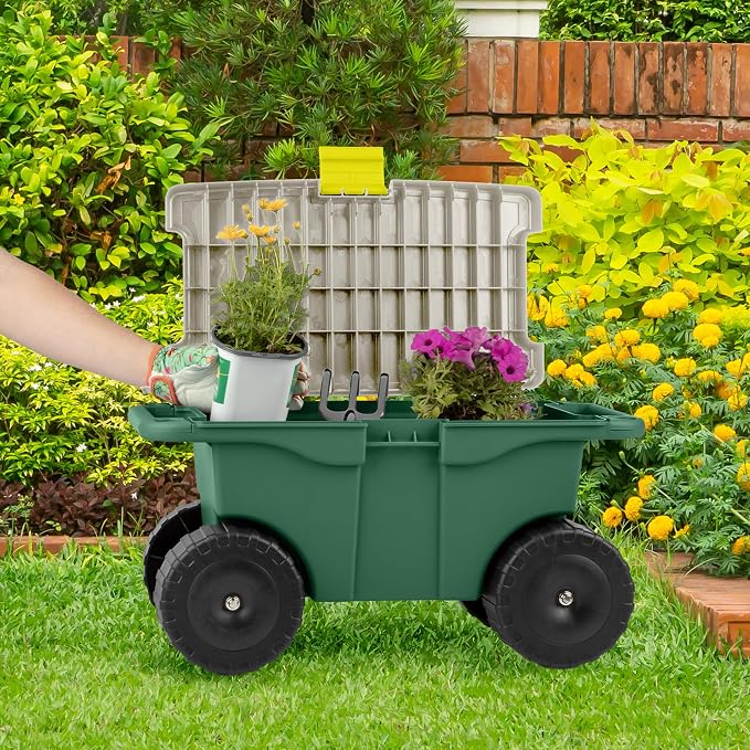 Rolling Garden Cart with Seat - Plastic Storage with Bench and Interior Tool Tray - Gardening Stool for Weeding and Planting By Pure Garden (Green) | Plastic Storage with Bench and Interior Tool Tray - Gardening Stool for Weeding and Planting