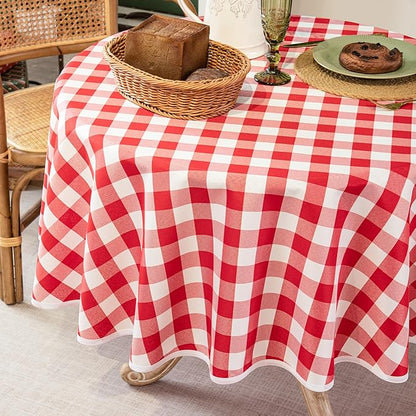Red and White Gingham Tablecloth, Waterproof Outdoor Picnic Table Cover for Summer BBQ, Farmhouse Kitchen, Patio Dining, Reusable Machine Washable Checkered Table Cloth, 60" Round