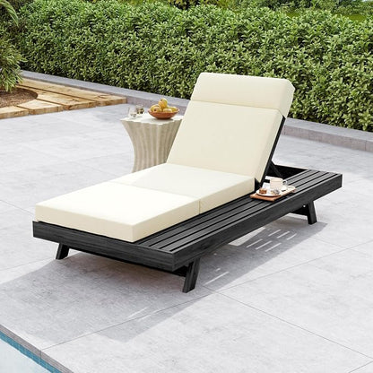 Christopher Knight Home Dami Patio Chaise Lounge Chair Outdoor with 4'' Foldable Cushion, Acacia Wood Poolside Sun Lounger, Space Available On One Side, Adjustable Backrest Pool Lounger, Black + Beige