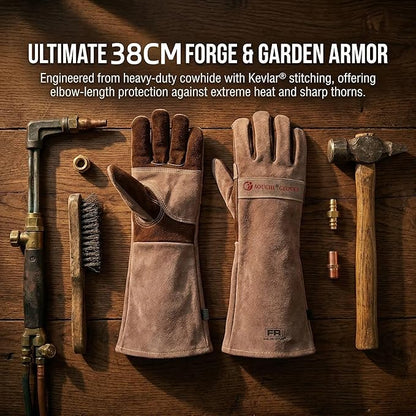 Leather Welding Gloves for Men – Long Fireproof & Heat Resistant Work Gloves for Welding, BBQ, Fireplace, Oven, Baking, Stove, Pot Handling, Yard Work, Thorn Proof (Brown, XXL)
