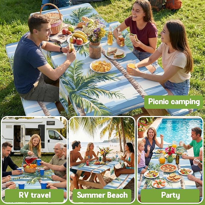 Picnic Table Cover with Bench Covers Waterproof Elastic Rectangle Reusable Folding Tablecloth Manteles Mantelería Camping Essentials Rv Car Travel Supplies Table Cloth Outdoor Road Trip Camper Gifts