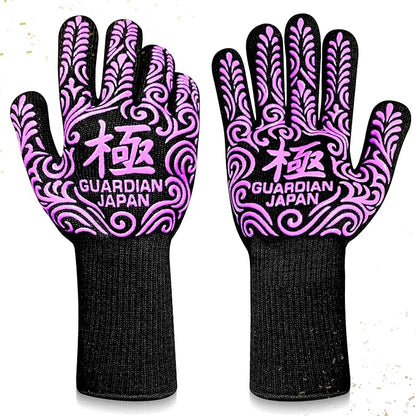 Premium Heat Resistant BBQ Gloves – Fireproof 1472°F Aramid Grill Mitts for Barbecue, Smoker, Campfire, Fire Pit, Oven, Japanese Supervised Design (極-KIWAMI-Purple, M)