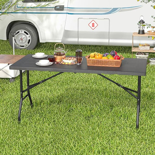 Tangkula 5FT Folding Table, Indoor Outdoor Foldable Plastic Table with HDPE Tabletop, Sturdy Metal Fame, Carrying Handle, 4-6 Person Picnic Table for Camping BBQ Party