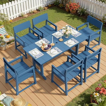 Shintenchi 7 Pieces Outdoor Dining Set,HDPE Outdoor Table and Chairs Set for 6,All Weather Patio Furniture Sets with Umbrella Hole,Modern Wooden Textured Dining Sets for Backyard,Garden,Blue