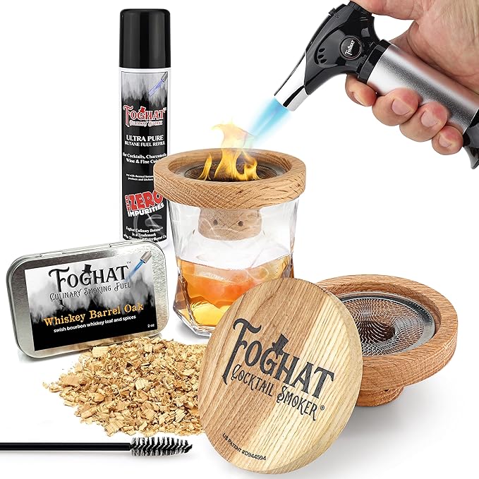 THOUSAND OAKS BARREL Foghat Cocktail Smoking Kit - Bourbon Barrel Oak Fuel Wood Shavings & Smoking Torch & Butane | Infuse Cocktails, Whiskey, Cheese & Meats