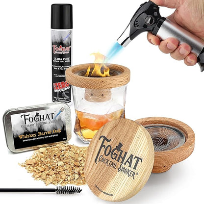 THOUSAND OAKS BARREL Foghat Cocktail Smoking Kit - Bourbon Barrel Oak Fuel Wood Shavings & Smoking Torch & Butane | Infuse Cocktails, Whiskey, Cheese & Meats