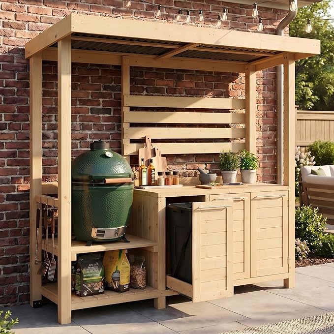 ECACAD Outdoor Kitchen Island with Canopy & Trash Can Cabinet, 6.7FT Cedar Wood Grill Bar Counter Table with Storage Cabinet & Shelves, Grill Pavilion for Patio Kitchen, Backyard, Garden, Natural