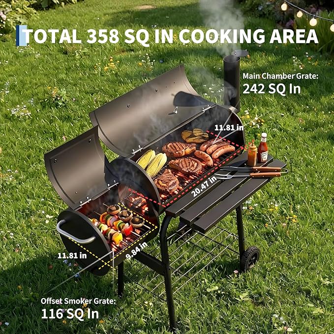 OUTLANE Charcoal Grill with Offset Smoker, 2-in-1 Barrel BBQ Grill and Smoker Combo with Storage Shelf, Built-In Thermometer, Chimney and Wheels, Outdoor Barbecue for Backyard Patio Camping, Black