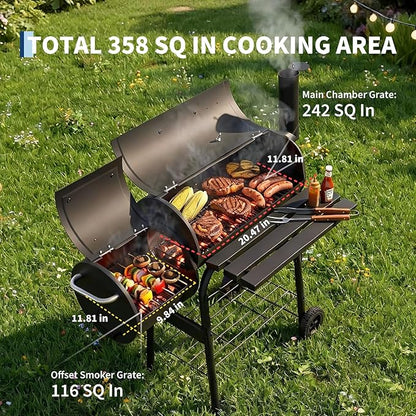 OUTLANE Charcoal Grill with Offset Smoker, 2-in-1 Barrel BBQ Grill and Smoker Combo with Storage Shelf, Built-In Thermometer, Chimney and Wheels, Outdoor Barbecue for Backyard Patio Camping, Black